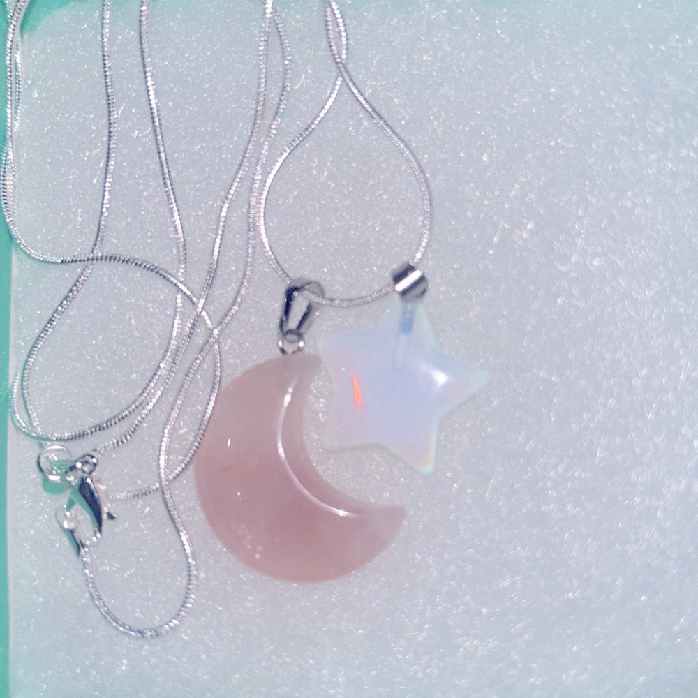 Boho hippie Rose Quartz Crystal Moon 🌙 and Opal Heart Sterling Silver Neckl…